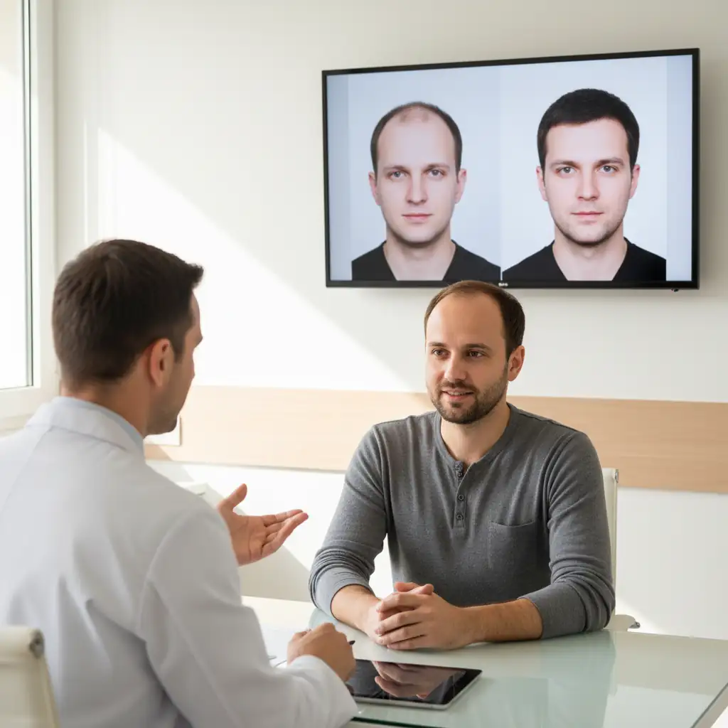 Arzt zeigt Patient KI-Ergebnis auf Bildschirm